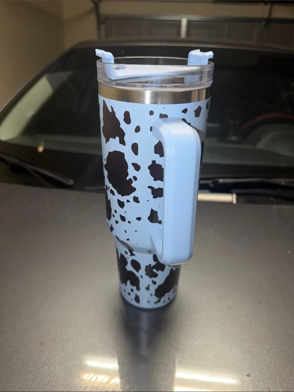 Sky Blue Cow Print Travel Mug with Handle